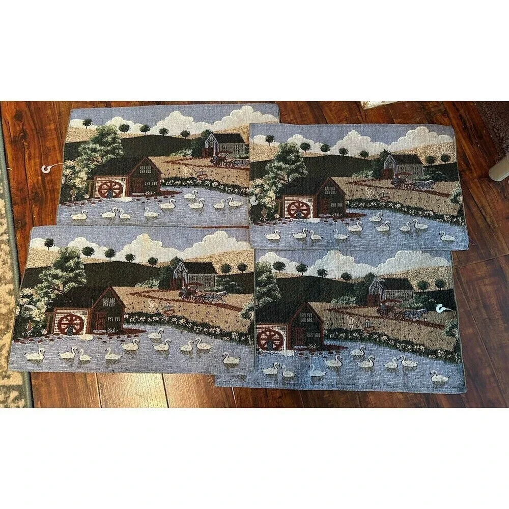 Set 4 Vintage Country Farm Watermill Pond Swans Patriotic Tapestry Placemats